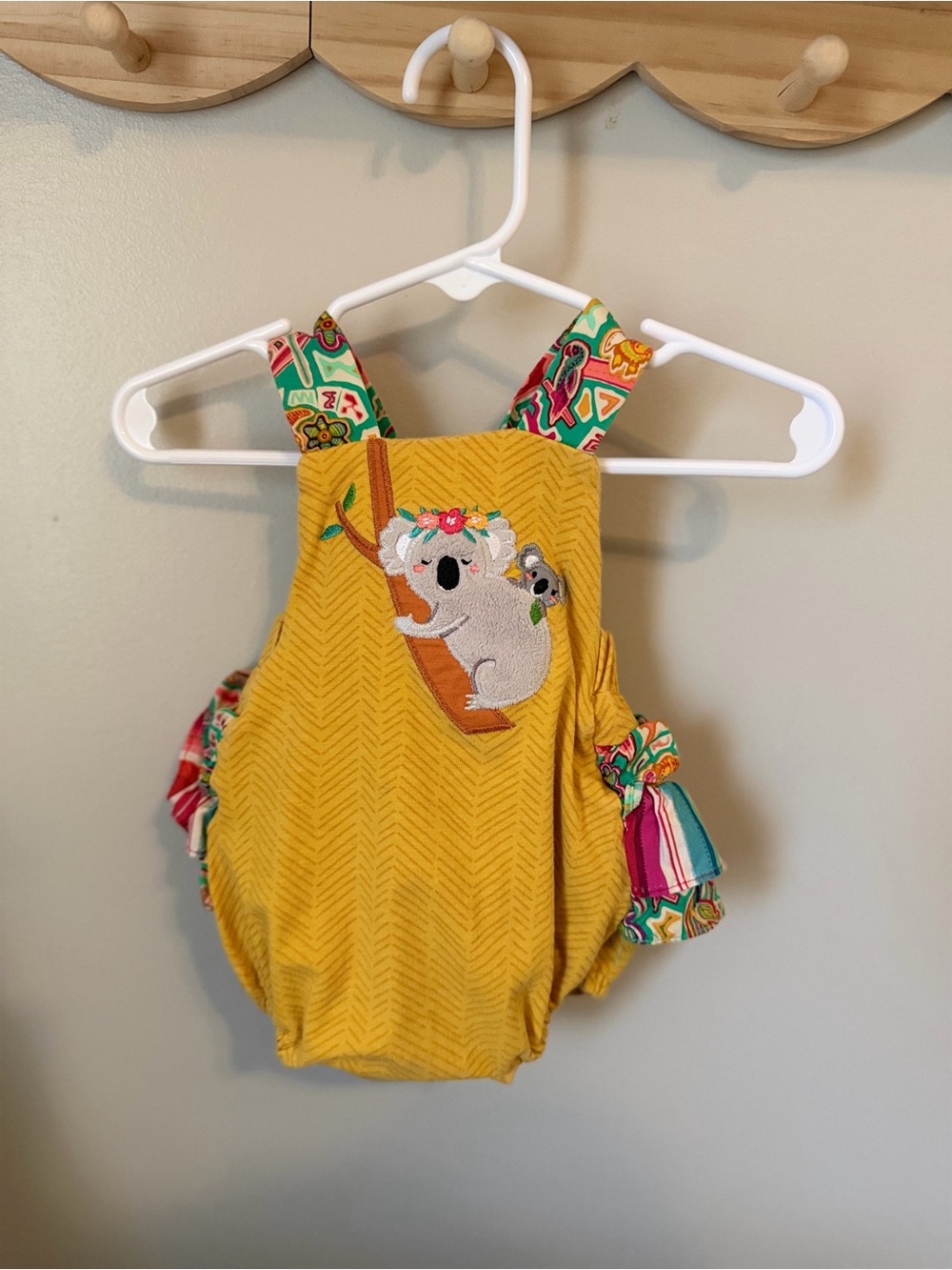 Ricrac & Ruffles Girls 0-3M Yellow Koala Embroidered Ruffle Romper Sleeveless